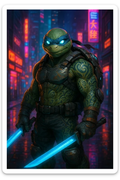 Original humanoid turtle mutant wearing futuristic street armor, glowing eyes, tribal tattoos, wielding dual energy blades, tech shell, confident and rebellious personality, neon cityscape background, not inspired by any franchise. sticker