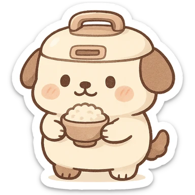 chibi style rice cooker dog, round belly, holding a rice bowl, soft cream and brown colors, full-body sticker