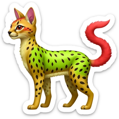 Colorful cute adorable tropical exotic fruity kiwi-green lemony rosy neon-red Caracal-Cheetah-Serval-Leopard-Trico-Sergal-Vernid-fusion-hybrid-animal-creature, full body, with tribal markings sticker