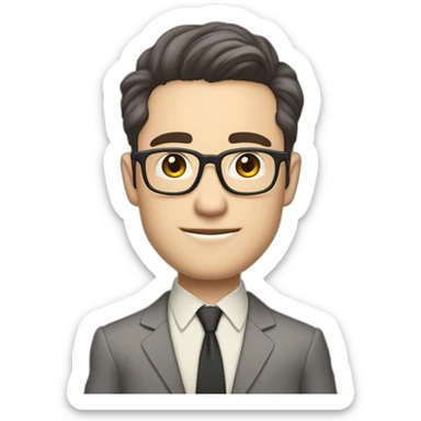 Full height Pale skinned Fit Man With dark brown hair in classic gray suit, beige office shirt, dark gray tie, and vintage glasses. Thrumbs of his palms directed up sticker