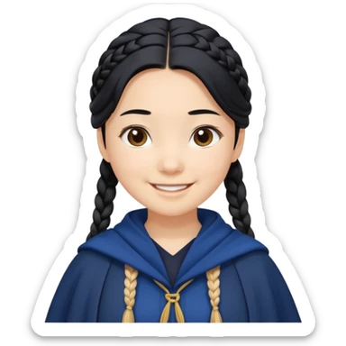 braid black hair, white asian girl, dark blue cloak, happy smile sticker