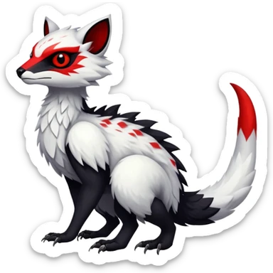 a white exotic edgy vernid-fionbr-Fakémon-creature, with black belly and red eyes, full body sticker
