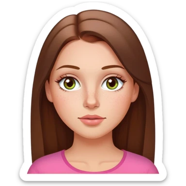 Long hair straight Brunette and hazel green eyes  slightly tanned white girl with pink peach lips and rosy red cheeks with a few freckles sticker