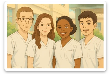 Four nursing students in Ghibli style, wearing white short-sleeved medical tunics with V-neck collars and left chest pockets, light fabrics. Friendly atmosphere, background evoking a healthcare or school establishment, faces inspired by photos, no stethoscopes or visible underwear. sticker