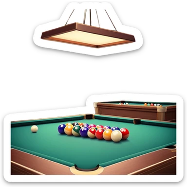 A well-arranged pool table with colorful billiard balls neatly placed, and a cue stick poised to take a shot. The setting is a dimly lit room with a focused atmosphere, highlighting the precision and strategy involved in the game of billiards. sticker