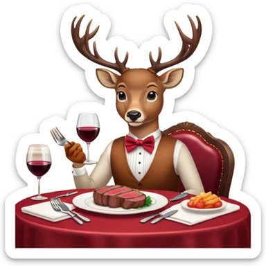 A deer wearing a fancy bowtie, sitting at a restaurant table, eating a steak with a fork and knife, surrounded by elegant decor, soft lighting, and a glass of wine on the table. sticker