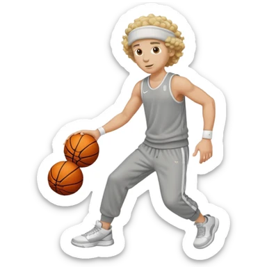 a white man with curly blonde hair playing basketball in sweatpants while also wearing a beanie sticker