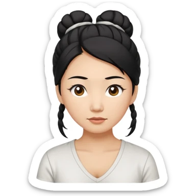 asian mom with long black hair tied in up in a messy bun and big brown eyes emoji in a white v neck shirt sticker