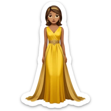 Woman using a long elegant yellow dress. She has medium skin tone and a brown with gold makeup sticker