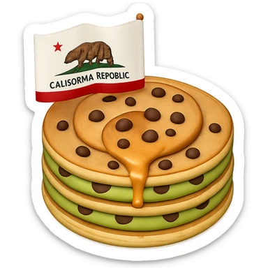 Add chocolate chips to the single pancake topped with avocado and a small California flag. Keep no background. sticker