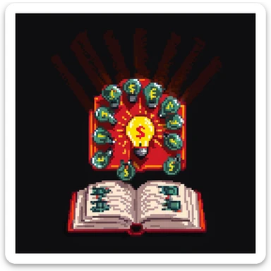 pixel art style, an open red book with lightbulbs and dollar signs emerging, illuminated by a spotlight sticker