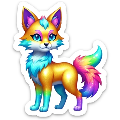 Vibrant multicolored neon-colored Falvie-Fionbri-creature-sparkle-feline-canine-hybrid-fursona, full body sticker