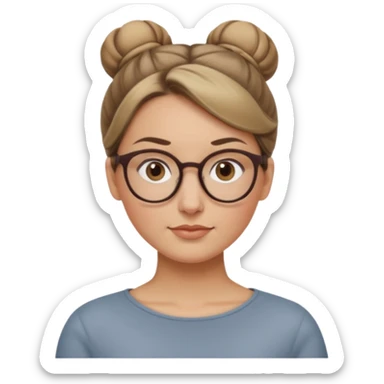 femme de 38 ans avec des cheveux tirés vers l'arrière blond foncé sans mèche devant, un chignon haut, yeux bruns, lunettes rondes, visage ovale sticker