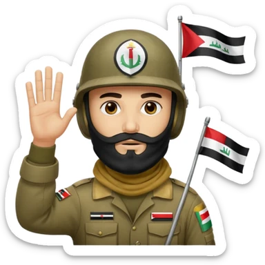 surrenders, depicts an Iraqi soldier from 1980, with a beard, in a helmet, a helmet with sign flag Iraq, with a balaclava, with sad eyes and both hands raised up sticker