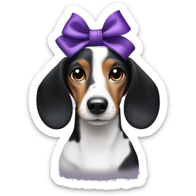 Black white tan piebald dachshund purple bow top head sticker