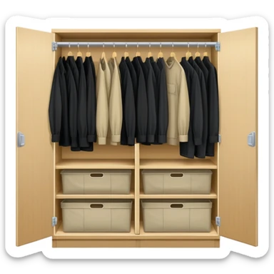 Wardrobe with both doors open showing organized collection of black shirts, khaki pants and overalls for work sticker