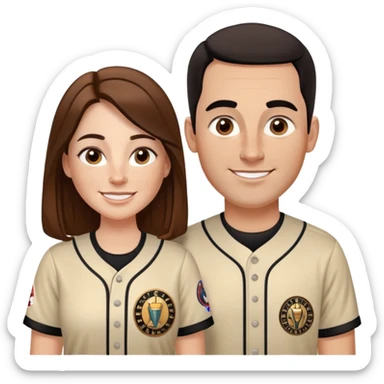 *White* couple smiling. Woman has big cheeks and a lot of freckles on the nose. long brown hair. Man has black and very short hair and prominent eyebrows with egipcian nose. Both are wearing “Los Padres” baseball jearsey sticker
