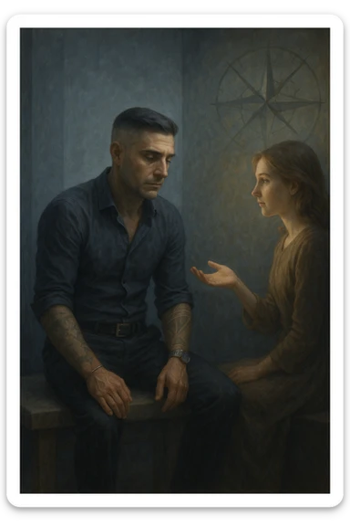 Uomo tra i 35 e i 45 anni seduto su una panchina o in una stanza tranquilla, sguardo rilassato ma spento, come sollevato nel mentale ma svuotato nello spirito. Davanti a lui una donna lo guarda con dolcezza, mano tesa come per offrire una soluzione. L’ambiente attorno all’uomo è grigio-bluastro, con la sua aura maschile che si dissolve leggermente, mentre intorno alla donna una luce calda e stabile. Sullo sfondo, un simbolo spezzato di bussola o direzione, a indicare la perdita di leadership interiore. Atmosfera riflessiva, stile realistico con simbolismi delicati sticker