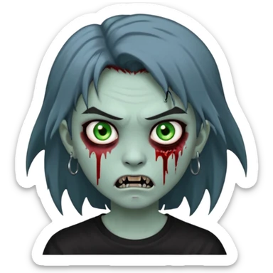 3D emoji-style avatar with very pale blue-grey zombie skin, dark brown hair, a young Asian face, and large green eyes with blood tears. Give it white litle bit messy mullet hair style , silver hoop earrings, and a plain black T-shirt. The face expression should be slightly angry, with vampire fang sticker
