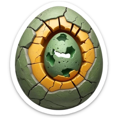 3D render of Dino Egg, embedded in a chunk of rough sedimentary rock, cracked stone texture, ancient fossil aesthetic, speckled greenish-grey stone egg with a crack, matte dry finish, Apple emoji style, isolated on white background --v 6.0. sticker