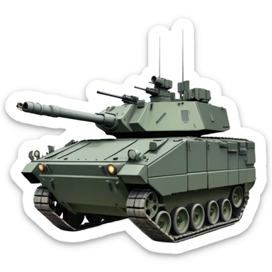 Stryker M1126 (2020) – Cinematic-realistic Stryker M1126 armored personnel carrier, its dark grey-green hull speeding down a war-torn street. The eight large wheels grip the cracked pavement as infantry hunker inside, the turret-mounted .50 cal machine gun scanning rooftops for threats under the eerie glow of distant fires. sticker