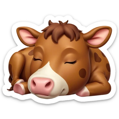 Meme-Worthy Cute Sleeping Brown Cow Portrait Emoji, Head resting peacefully with a contented smile, showcasing a robust build and a luxuriously soft deep brown hide, eyes shut in a serene, restful nap, Simplified yet hilariously adorable features, highly detailed, glowing with a soft, drowsy light, high shine, relaxed and utterly lovable, stylized with an air of playful laziness, bright and heartwarming, soft glowing outline, capturing the essence of a comically sleepy cow, so meme-worthy it feels like it could instantly become the next viral sensation of adorable slumber! sticker