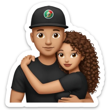 A picture of a tanned couple embracing. the guy is Mexican, with a bald hair cut and he has a SnapBack hat on. The girl is mixed, the girl is wearing a black shirt, the girl has brown curly big hair and the girl has big boobs  sticker