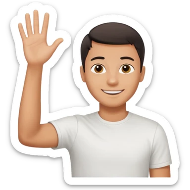 joven bronceado pelo oscuro muy cortito polera blanca sonrisa bonita saludando mano arriba sticker