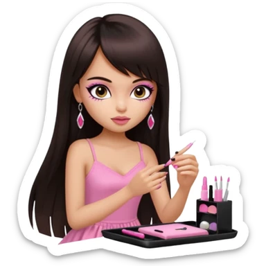 generate a pretty bratz girl in black cami top, dark brown straight long hair with bangs, eyeliner on, getting her nails done sticker