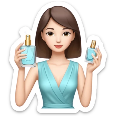 stylish woman spraying perfume, holding a perfume bottle, soft mist spray in the air, elegant pose, 3D cartoon, mobile game icon style, clean background, no text, no watermark

 sticker