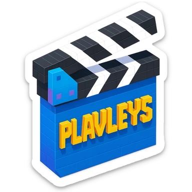 isometric view of a movie clapperboard with the text 'PLAVLEYS' written on it, voxel style sticker
