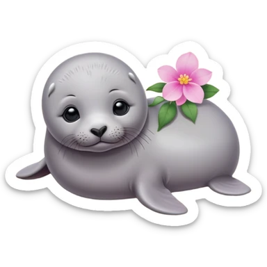 A grey small, slim baby seal resting gracefully on a sandy beach, with a delicate pink flower placed on its head.   sticker