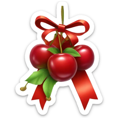 A gift bow with two short strings hanging down. From the center of the bow, two cherry stems with cherries dangle down, as if they are part of the bow sticker
