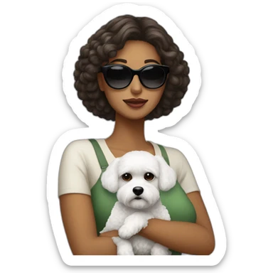 mujer pelo largo negro con gafas y perro bichon blanco sticker
