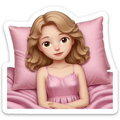 Sleeping beauty pale-skinned girl with light brown wavy hair, resting peacefully on a soft pink silk pillow, wearing a pastel pink dress, dreamy and cozy aesthetic, 3D emoji style, soft shading, Apple-style design. sticker