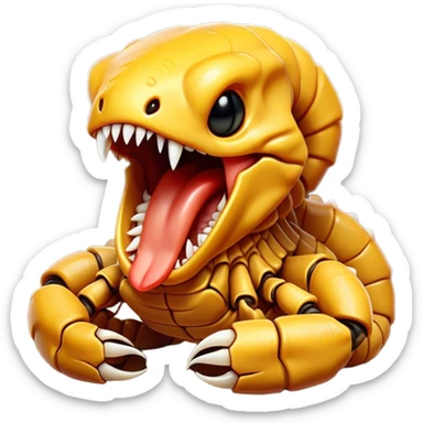 Cinematic Cute Yawning Emperor Scorpion Portrait Emoji, Head tilted slightly with a dramatic, wide-open yawn, showcasing a soft, textured exoskeleton with subtly drooping pincers and half-closed eyes in drowsy contentment, Simplified yet irresistibly adorable features, highly detailed, glowing with a soft, cozy glow, high shine, relaxed yet expressive, stylized with a dash of desert charm, soft glowing outline, capturing the essence of a sleepy yet affectionate scorpion that seems ready to stretch out for a nap! sticker