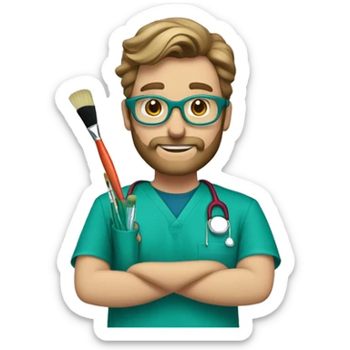 male dark blond with beard doctor with blue-green eyes and round tortoiseshell glasses in teal scrubs holding a paintbrush and a paint palette sticker
