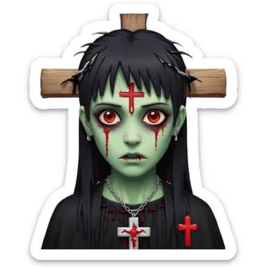 zumbi verde com olhos vermelhos sangrando e franja roupa preta e um crucifixo como colar, sem ser na testa e um piercing no nariz bem feminino a franja reta também  sticker