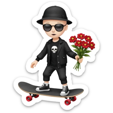 ["A sad boy with pale skin, bald, wearing a sunhat and sunglasses, dressed in goth fashion, is skateboarding while holding a flower bouquet."] sticker
