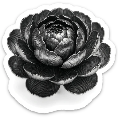 chrome style peony flower with layered metallic petals, highly reflective and polished sticker
