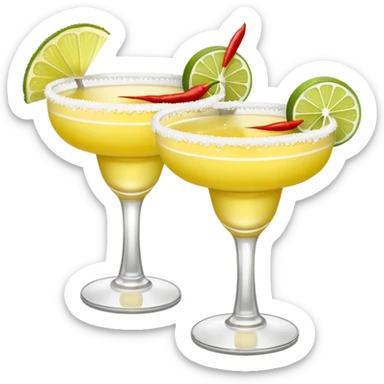 2 margarita cocktails. one is the classic margarita: yellowy with salt on the rim and a lemon. the other one is a spicy margarita: slightly more red color with a small red chili pepper instead of a lemon on the rim  sticker