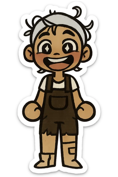 Edit the cartoon character to have a big, joyful smile and sparkling eyes, expressing excitement and happiness. Maintain a transparent background. sticker