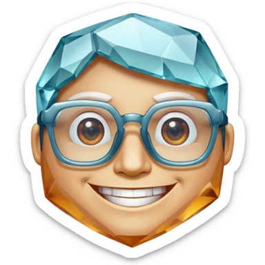 A single crystal gemstone character wearing glasses, chunky and irregular with faceted very sharp sides, smile, , high detail, soft lighting, centered on a plain dark background sticker