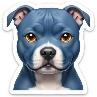 Cinematic Noble Blue Staffordshire Bull Terrier Portrait Emoji, Poised and regal, with a compact, muscular build and a sleek, well-groomed blue Fur, deep-set soulful dark eyes, Simplified yet sharp and sophisticated features, highly detailed, glowing with a soft, dignified glow, high shine, intelligent and loyal, stylized with an air of strength, focused and attentive, soft glowing outline, capturing the essence of a watchful and confident guardian, so majestic it feels as though it could stride out of the screen with effortless authority! sticker