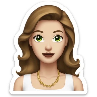 woman, with chestnut brown hair, her hair are a 90s blowout, she has very green eyes and a white pale skin, she has dark pink lipstick on and long lashes, she wears a white top with gold earrings  sticker