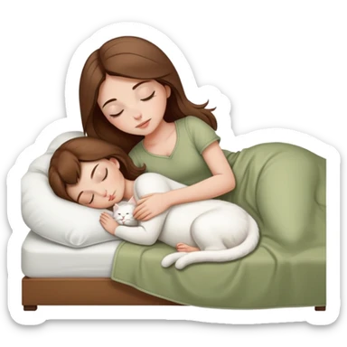 White girl brown hair sleeping with white kitty at pale olive bad sticker