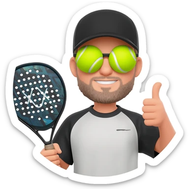 make a circular imogi of man with NOX padel bat with tennis balls forming glasses and wearing a cap with black  top make circular with thumbs up sticker