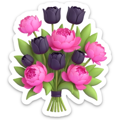 minimal 3D gothic bouquet with pink peonies and black tulips, simple and elegant sticker