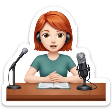 Redhead sat at desk with podcast microphone  sticker