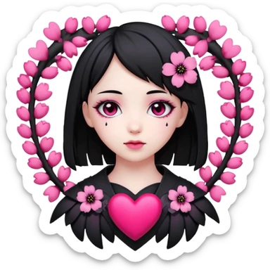 goth sakura heart, heart made of black sakura petals with pink accents sticker